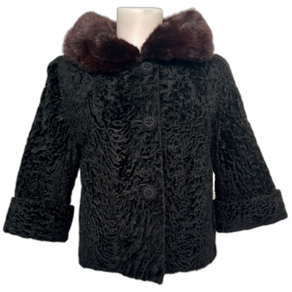 Vintage Black Persian Lamb Coat with Brown Mink Collar – Evans Furs Chicago - Picture 1 of 9